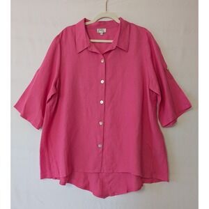 Toofan‎ Linen Button Down Shirt Hi-Low Hem Button-Back 3/4 Sleeve Pink Womens 1X